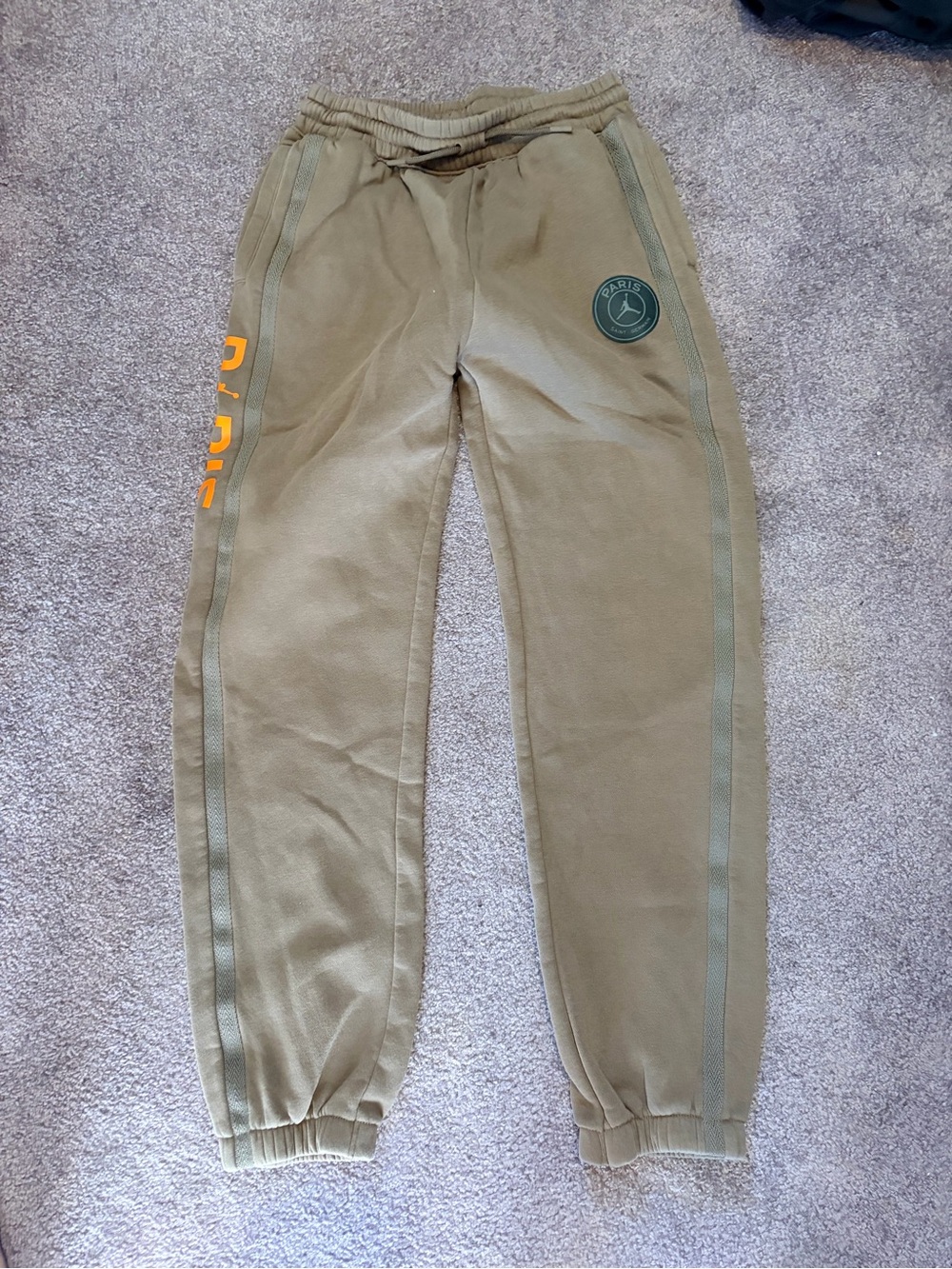 Jordan Olive Green Kids Joggers with Orange Side Lettering